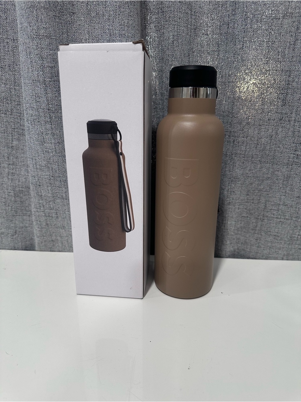 Hugo BOSS Embossed Stainless Water Bottle - Taupe. 20.3oz. New in box
